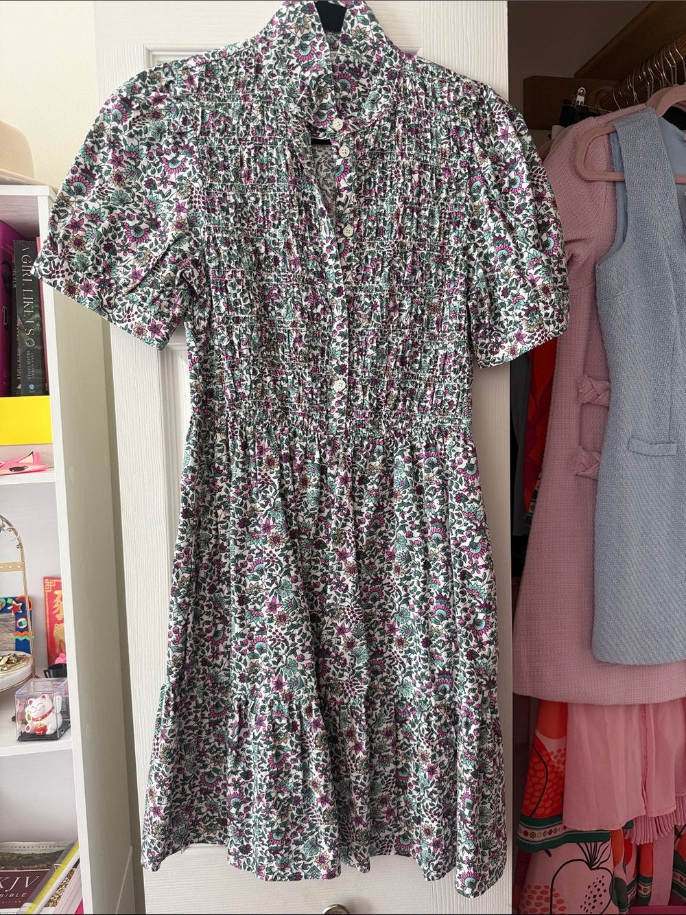 J. Crew Floral Smocked Midi Dress - White, Pink & Green